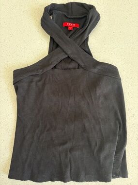 Guess Black Ribbed Cross-Front- Halter Top